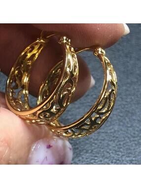 B4291 Italy IBB Filigree Hoop Earrings Gold Plated 925 Sterling Silver